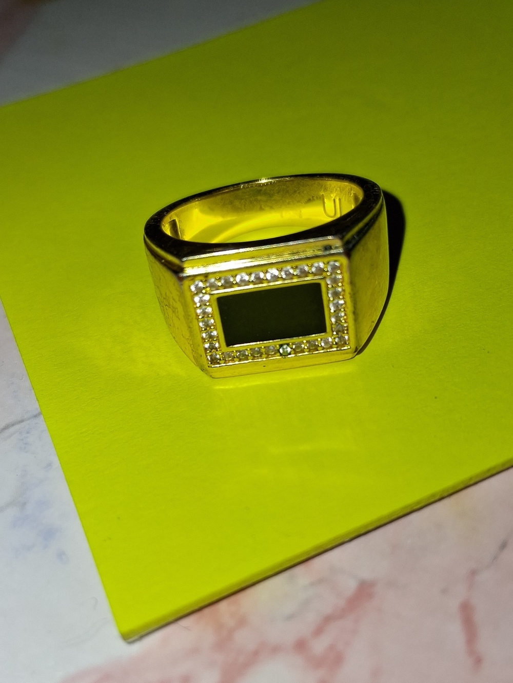 Gold-Tone Men's Signet Ring with Black Inlay